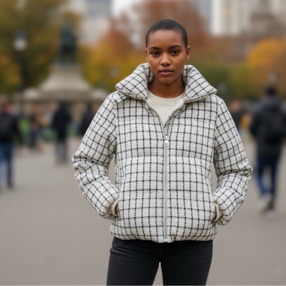 Jason Wu Black & White Tweed Plaid Puffer Jacket